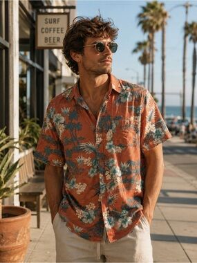 Coastal Vibrant Orange and blue Casual Button Down Shirt